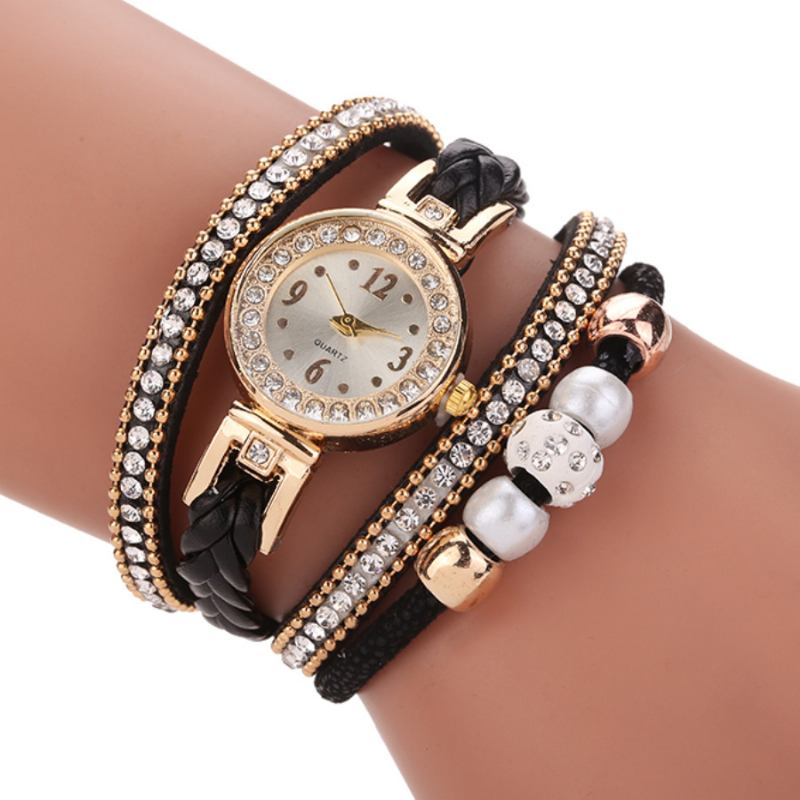 Motestil Kvinner Perleflettet Kvinner Armbåndsur Laides Dress Quartz Watch Armbånd