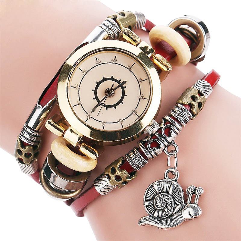 Original Residential Style Retro Damekjole Diamond Dial Leather Strap Dame Quartz Watch