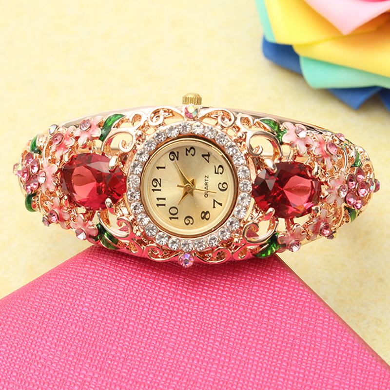 Retro Stil Dame Armbånd Klokke Blomst Diamond Quartz Watch