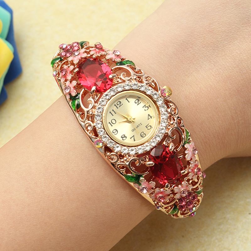 Retro Stil Dame Armbånd Klokke Blomst Diamond Quartz Watch