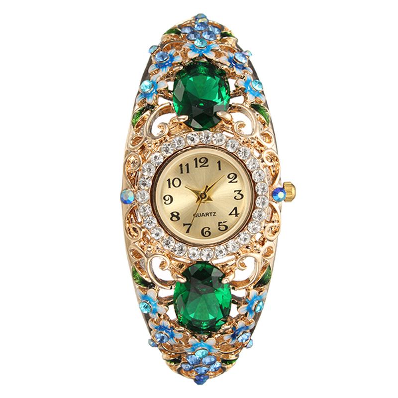 Retro Stil Dame Armbånd Klokke Blomst Diamond Quartz Watch