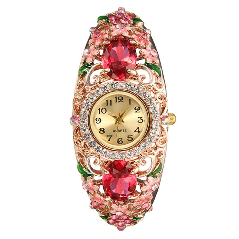 Retro Stil Dame Armbånd Klokke Blomst Diamond Quartz Watch