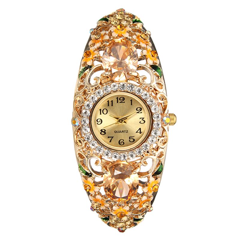 Retro Stil Dame Armbånd Klokke Blomst Diamond Quartz Watch