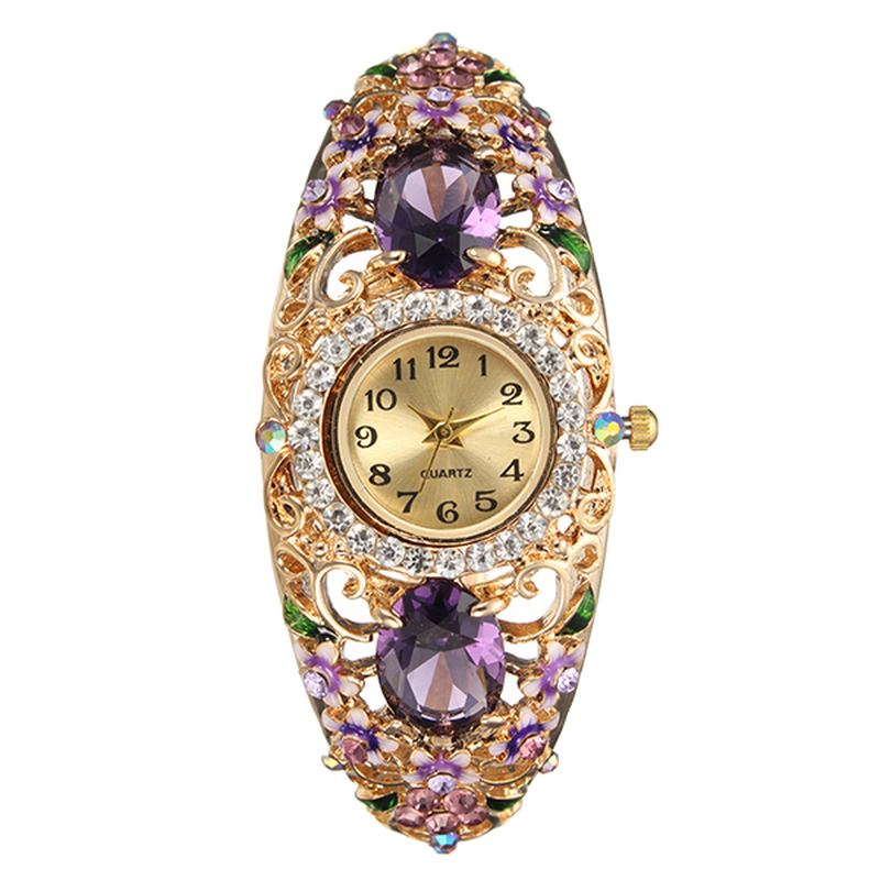 Retro Stil Dame Armbånd Klokke Blomst Diamond Quartz Watch