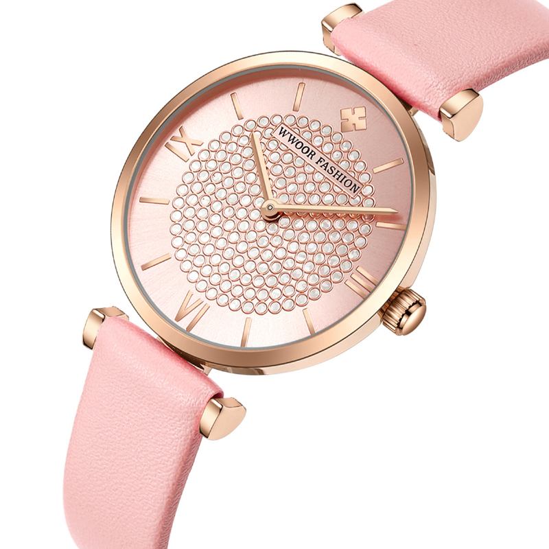 Sky Diamond Dial Dame Armbåndsur Lær Watch Band Quartz Watch