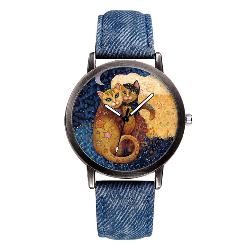 Temperament Tegneserie Katt Blank Dial All-match Denim Strap Dame Quartz Watch Armbåndsur