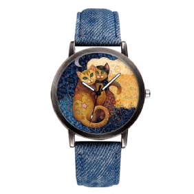 Temperament Tegneserie Katt Blank Dial All-match Denim Strap Dame Quartz Watch Armbåndsur