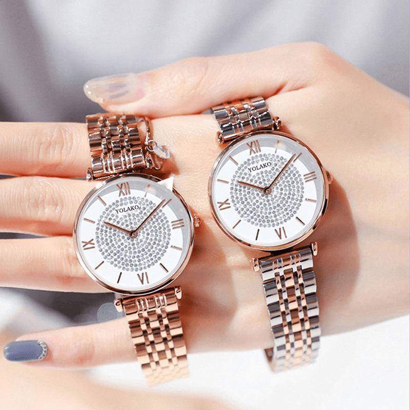 Trendy Elegant Dameklokker Full Romertall Rhinestones Mount Dial Quartz Klokker