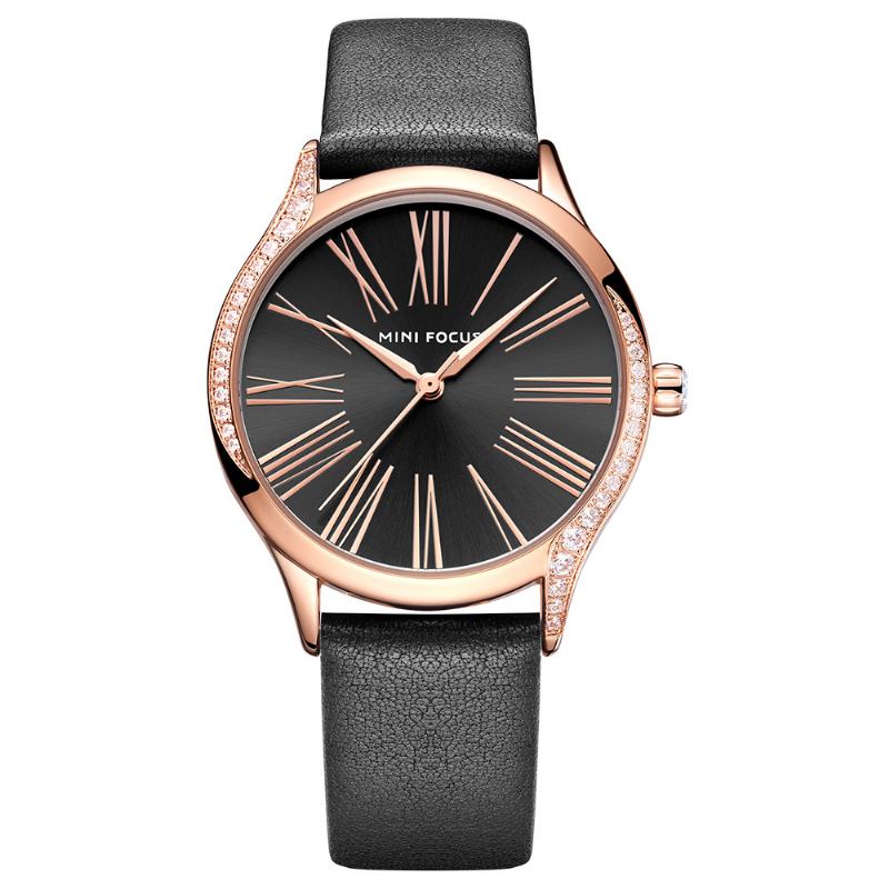 Uformell Stil Skinnende Kvinner Armbåndsur Ekte Lærreim Quartz Watch