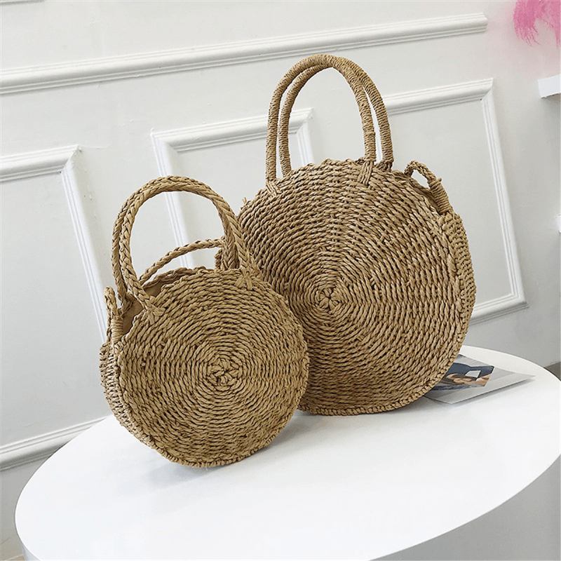 Bohemia Rattan Straw Veske Dame Straw Handbag Rund Strand 110cm Lengde Polyester