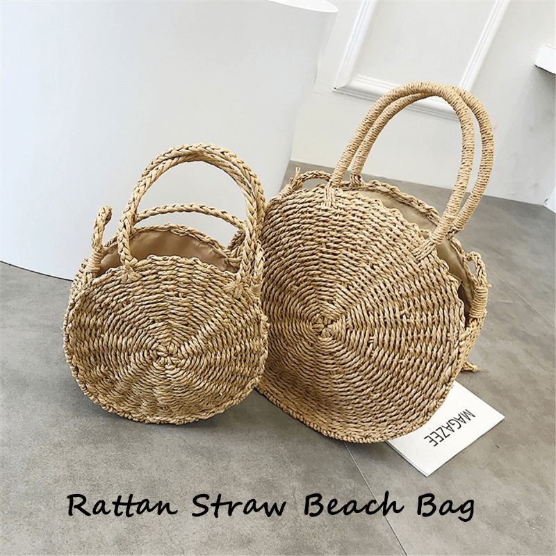 Bohemia Rattan Straw Veske Dame Straw Handbag Rund Strand 110cm Lengde Polyester