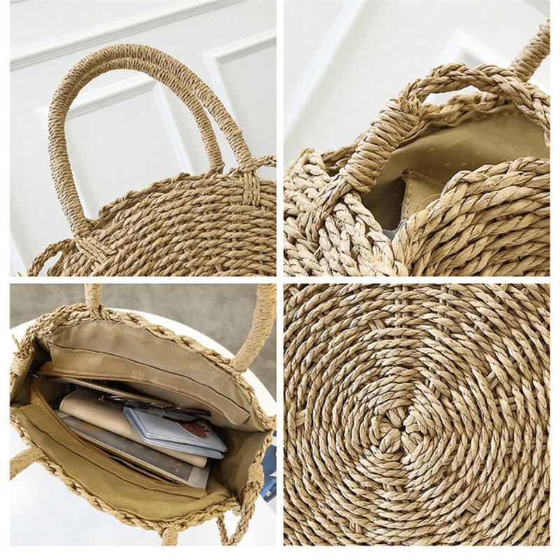 Bohemia Rattan Straw Veske Dame Straw Handbag Rund Strand 110cm Lengde Polyester