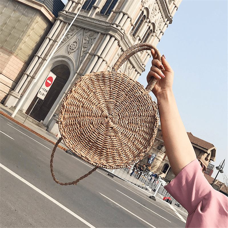 Bohemia Rattan Straw Veske Dame Straw Handbag Rund Strand 110cm Lengde Polyester