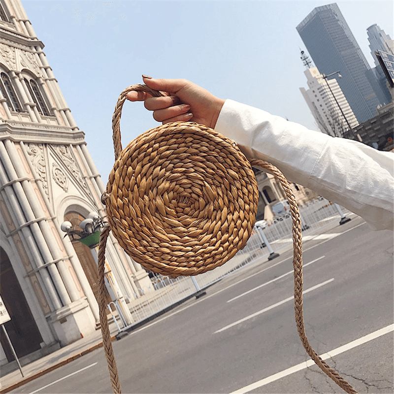 Bohemia Rattan Straw Veske Dame Straw Handbag Rund Strand 110cm Lengde Polyester