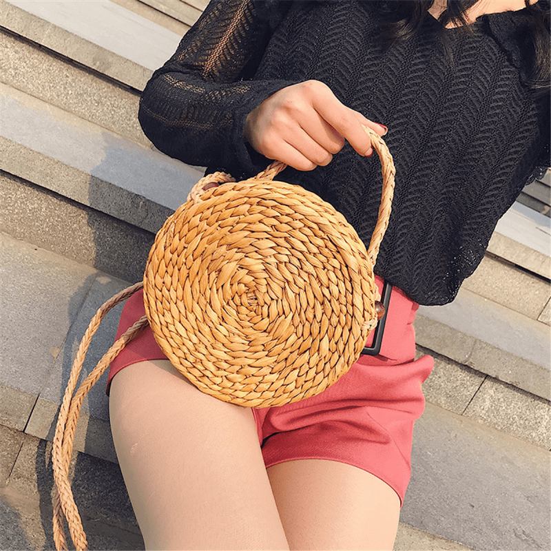 Bohemia Rattan Straw Veske Dame Straw Handbag Rund Strand 110cm Lengde Polyester