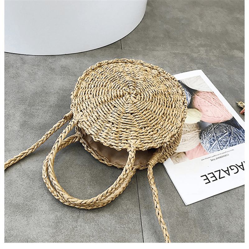 Bohemia Rattan Straw Veske Dame Straw Handbag Rund Strand 110cm Lengde Polyester