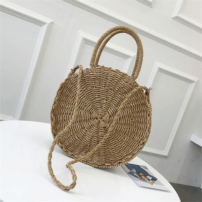 Bohemia Rattan Straw Veske Dame Straw Handbag Rund Strand 110cm Lengde Polyester