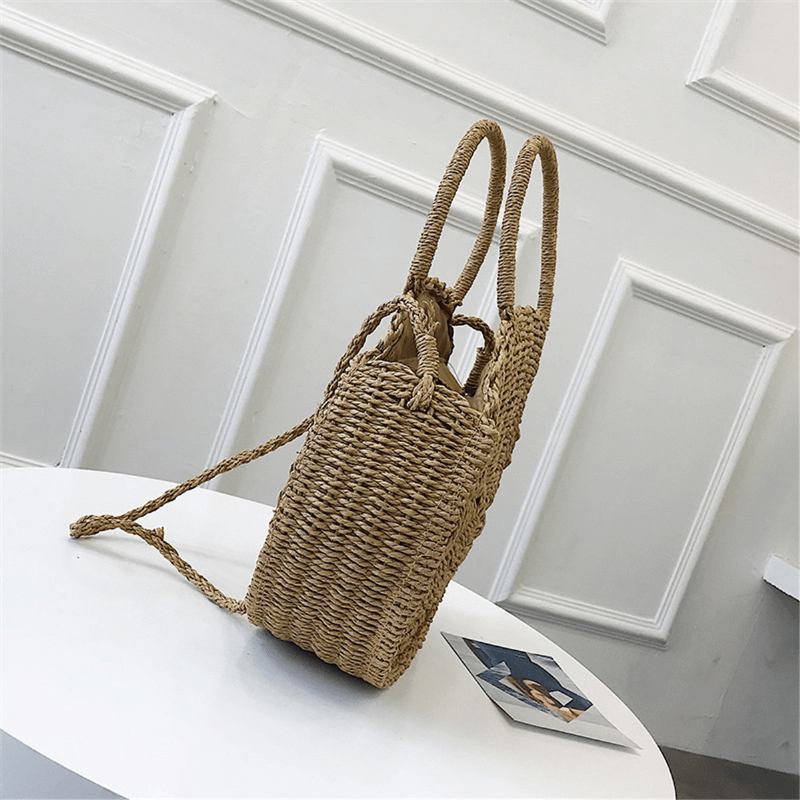 Bohemia Rattan Straw Veske Dame Straw Handbag Rund Strand 110cm Lengde Polyester