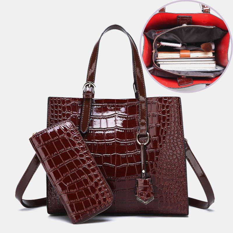 Kvinner 2 Stk Alligator Pu Multi-pocket Håndveske Med Stor Kapasitet Crossbody Veske Tote