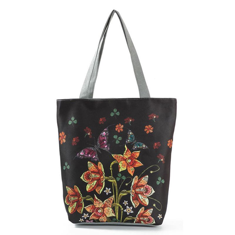 Kvinner Blekkmaleri Blomstrete Canvas Handbag Med Trykk Skulderveske