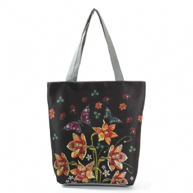 Kvinner Blekkmaleri Blomstrete Canvas Handbag Med Trykk Skulderveske