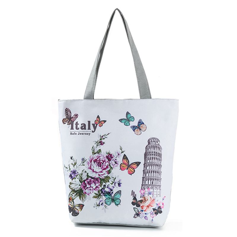 Kvinner Blekkmaleri Blomstrete Canvas Handbag Med Trykk Skulderveske