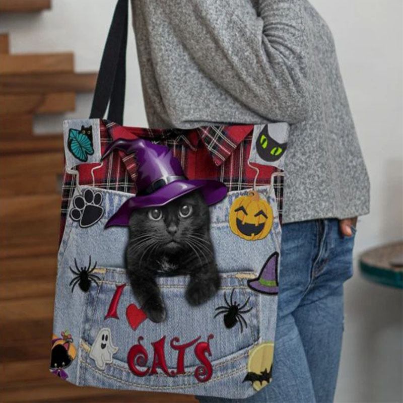 Kvinner Canvas Magic Hat Tredimensjonal 3d Cute Black Katt Handbag Tote Skulderveske