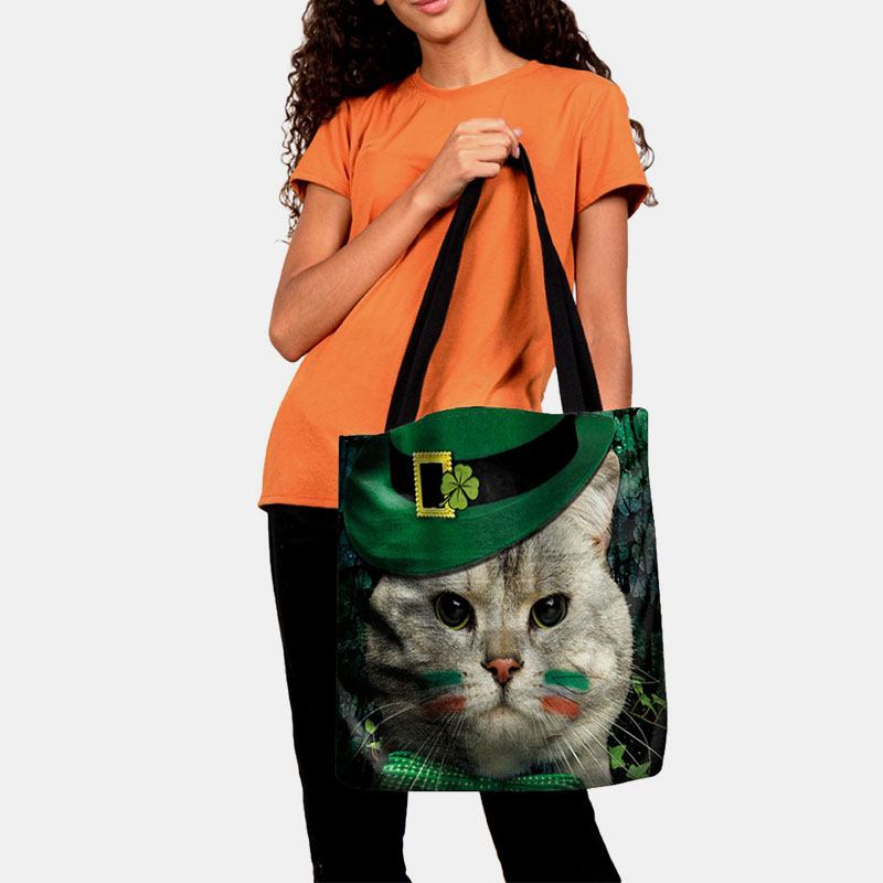 Kvinner Clover Katt Mønster Med Trykk Happy St Patrick Day Skulderveske Håndveske Tote