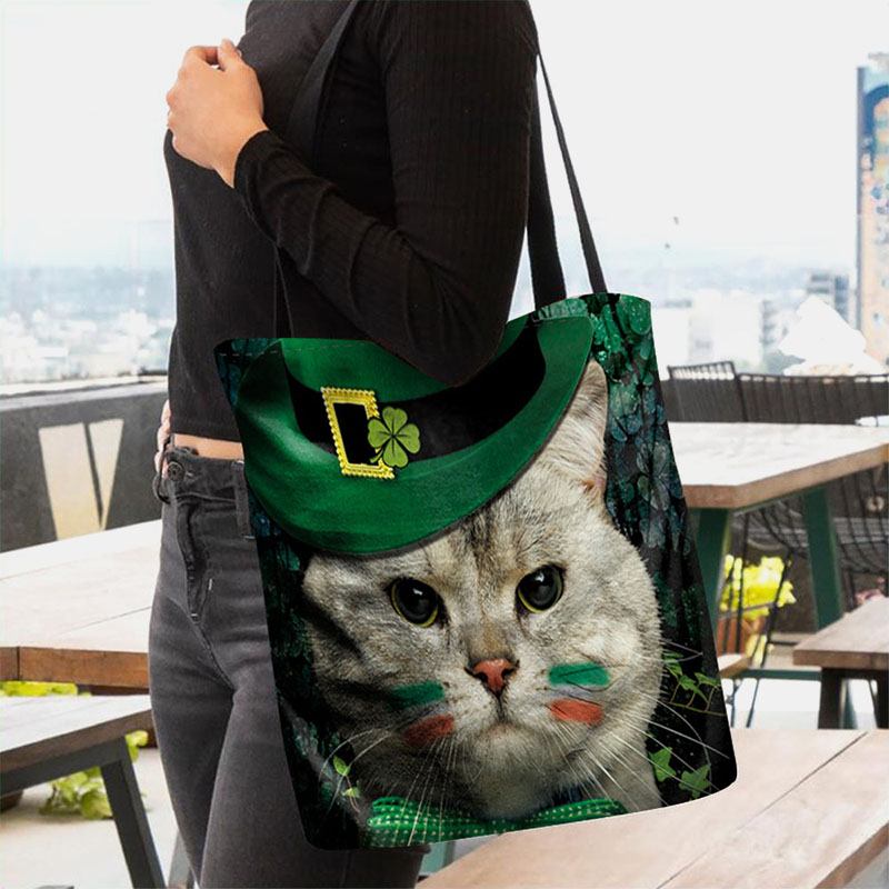 Kvinner Clover Katt Mønster Med Trykk Happy St Patrick Day Skulderveske Håndveske Tote