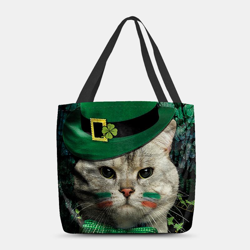 Kvinner Clover Katt Mønster Med Trykk Happy St Patrick Day Skulderveske Håndveske Tote