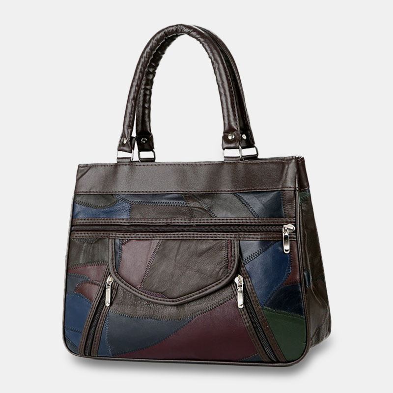 Kvinner Ekte Skinn Patchwork Malt Tøyveske Multi-lomme Håndvesker Med Stor Kapasitet Vintage Crossbody Vesker