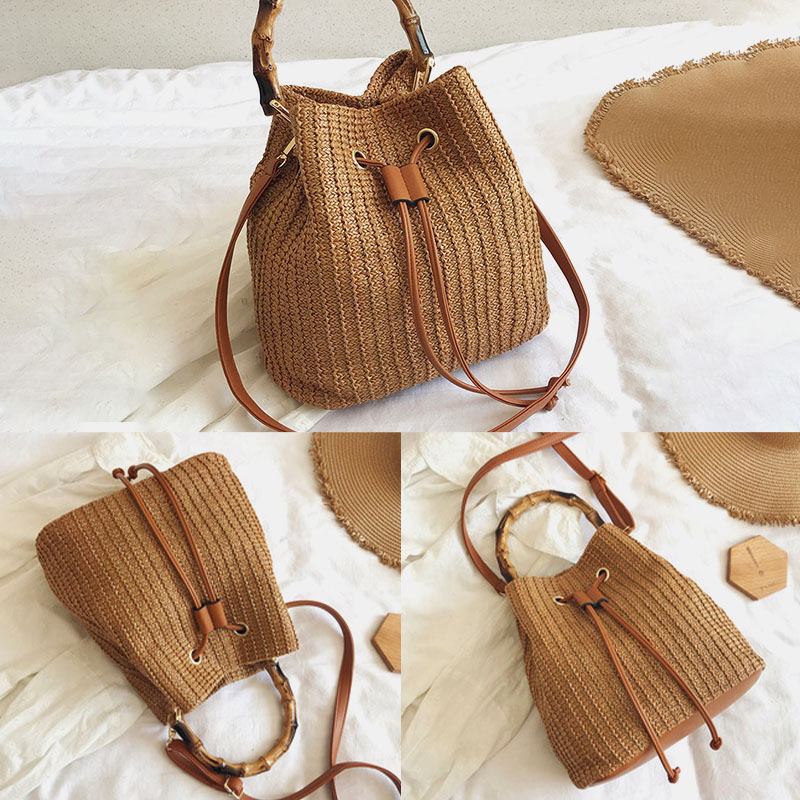 Kvinner Ensfarge String Fritids Straw Veske Håndveske Skulderveske Crossbody Bags Bøtteveske