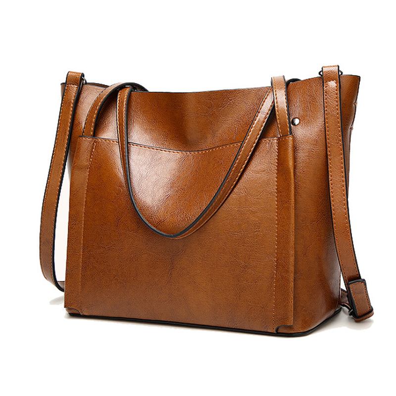 Kvinner Oil Leather Tote Håndvesker Vintage Skuldervesker Kapasitet Crossbody Vesker