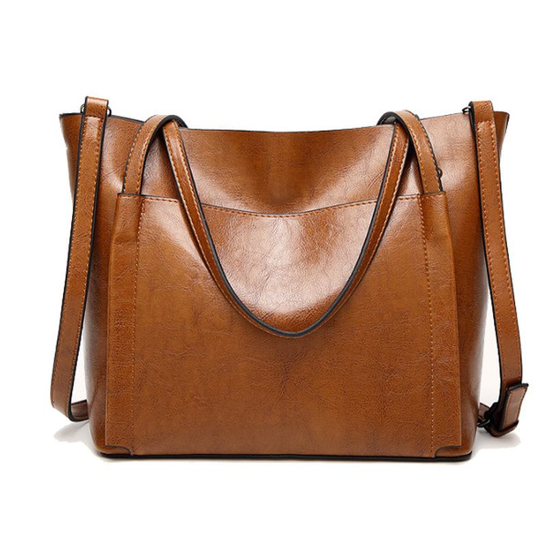 Kvinner Oil Leather Tote Håndvesker Vintage Skuldervesker Kapasitet Crossbody Vesker