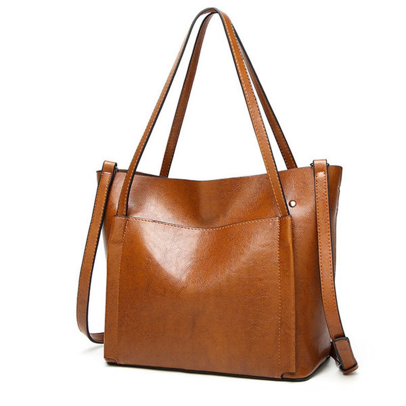 Kvinner Oil Leather Tote Håndvesker Vintage Skuldervesker Kapasitet Crossbody Vesker