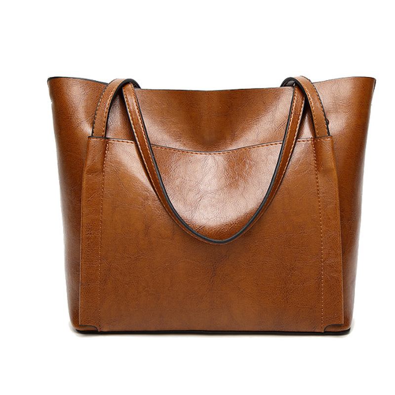 Kvinner Oil Leather Tote Håndvesker Vintage Skuldervesker Kapasitet Crossbody Vesker