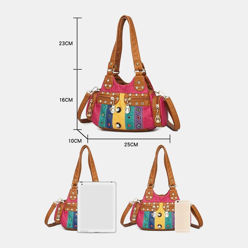 Kvinner Pu-skinn Rhinestone Patchwork Vanntett Vintage Skulderveske Håndveske Tote Crossbody-vesker