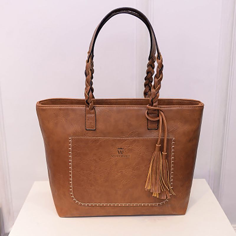 Kvinner Solid Faux Leather Tassel Tote Veske Stor Kapasitet