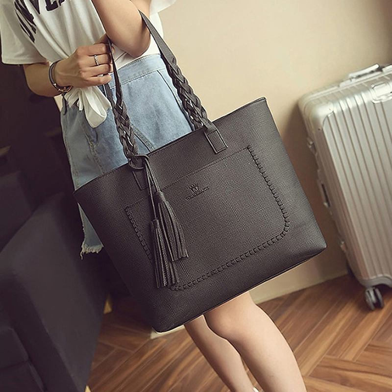 Kvinner Solid Faux Leather Tassel Tote Veske Stor Kapasitet