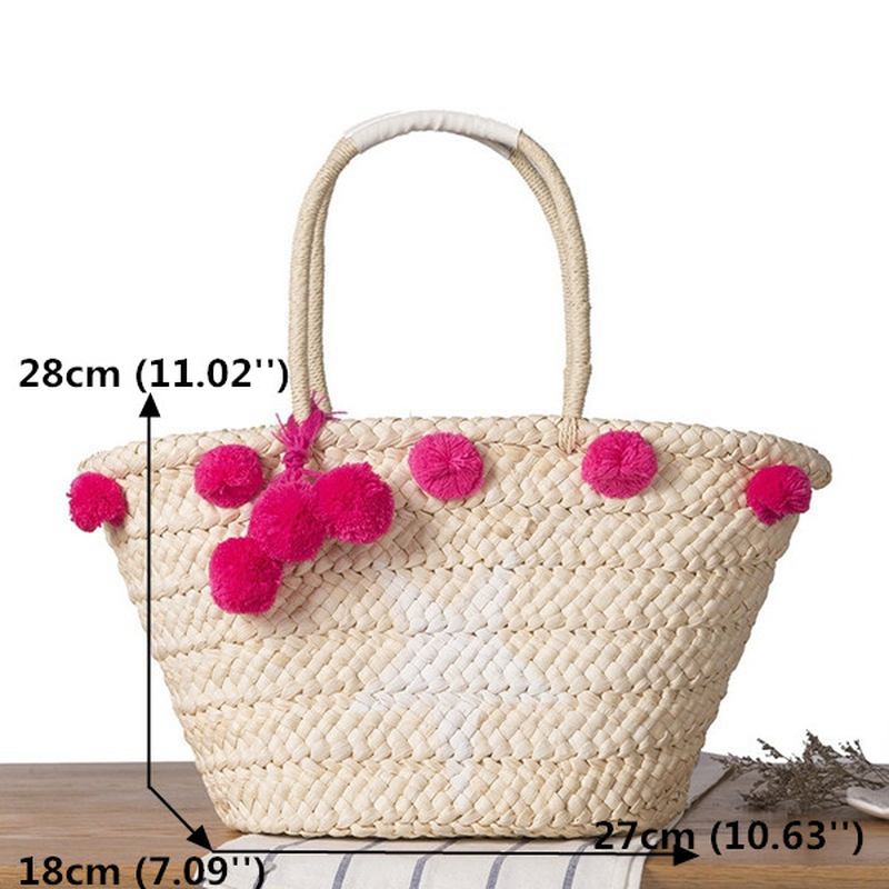 Kvinner Vevd Straw Beach Handbag Travel Plysj Ball Veske Tote Bag