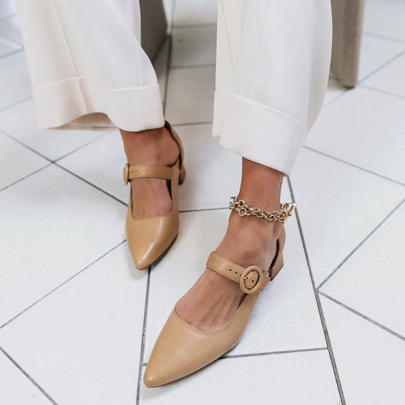 Elegant Spiss Tå Ensfarget Ankelspenne-rem Slip On Chunky Heel Pumps