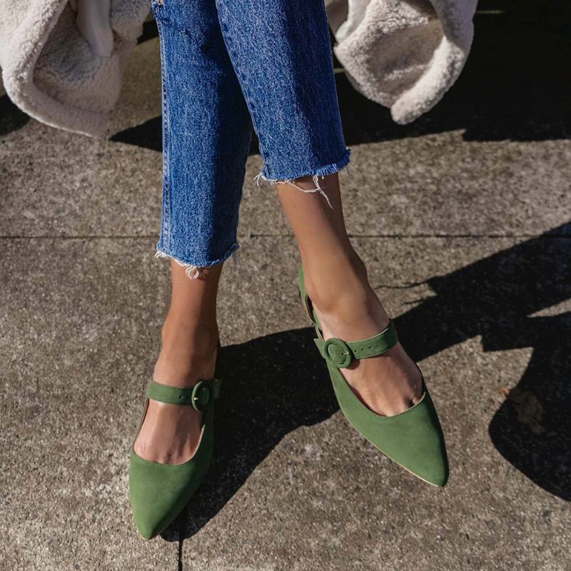 Elegant Spiss Tå Ensfarget Ankelspenne-rem Slip On Chunky Heel Pumps