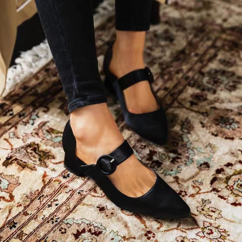 Elegant Spiss Tå Ensfarget Ankelspenne-rem Slip On Chunky Heel Pumps