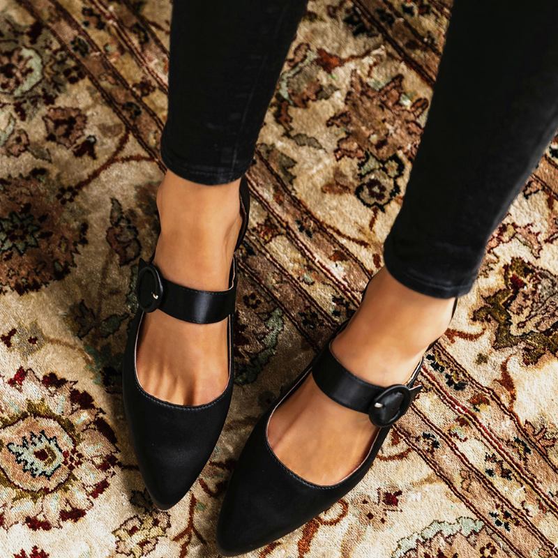 Elegant Spiss Tå Ensfarget Ankelspenne-rem Slip On Chunky Heel Pumps