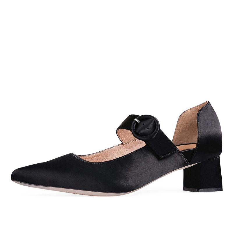 Elegant Spiss Tå Ensfarget Ankelspenne-rem Slip On Chunky Heel Pumps