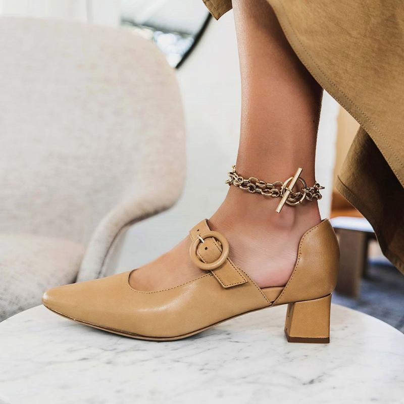 Elegant Spiss Tå Ensfarget Ankelspenne-rem Slip On Chunky Heel Pumps