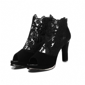 Kvinner Black Mesh Lace Peep Toe Pumps Med Høy Hæl