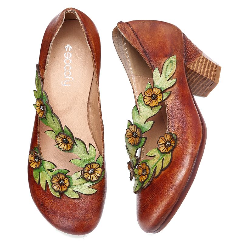 Kvinner Blomsterdekorasjon Ekte Skinn Slip On Vår Pumps