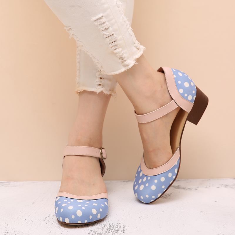 Kvinner Polka Dot Rund Tå Ankelstropp Block Heel Fritids Heels Pumps