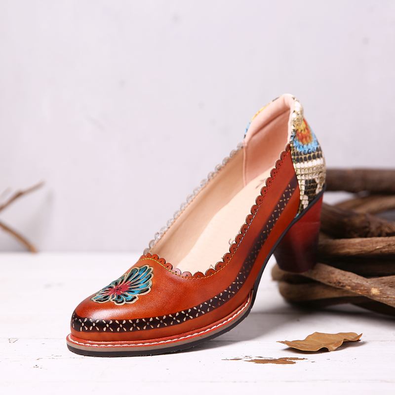 Retro Blomstrete Genuine Leather Slip On Sequin Heel Pumps